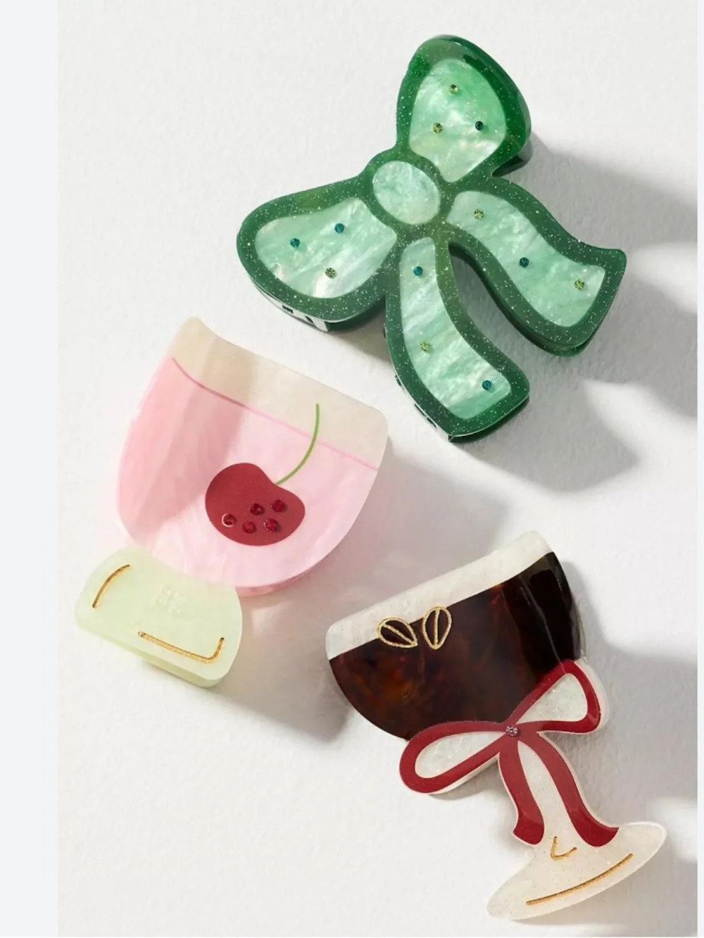 Anthropologie Cocktail Hair Clips, Espresso, ☕️ Cherry 🍒 Green Bow 🎀
